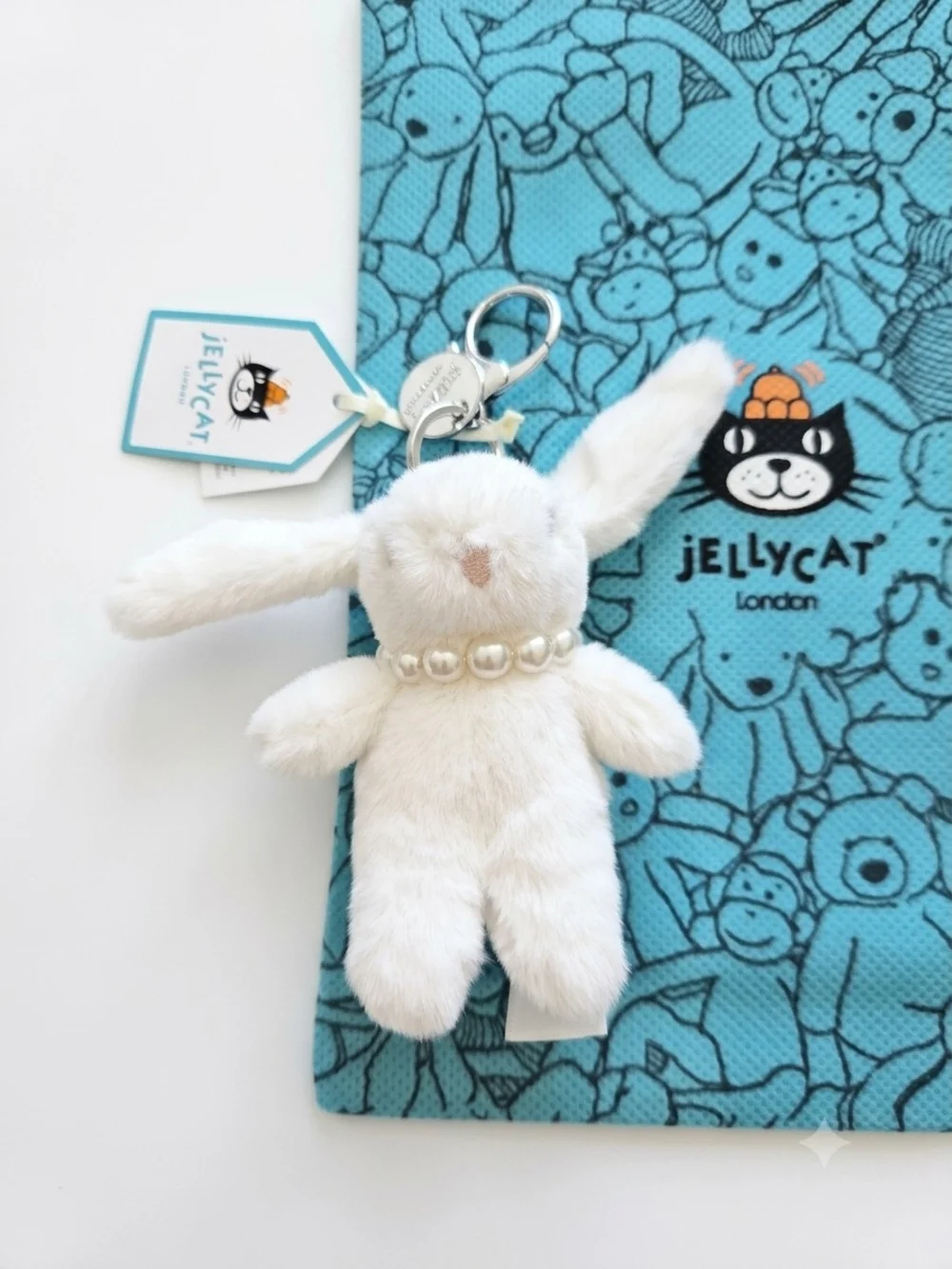 Jellycat Cream Bunny Bag Charm With Pearl Necklace